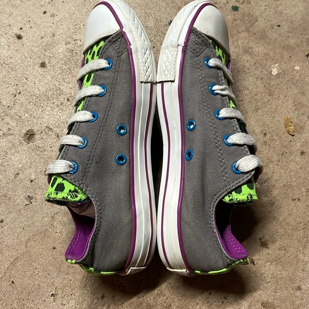 Converse All Star Shoes Gray Neon Animal Print Double Tongue Junior Size 3